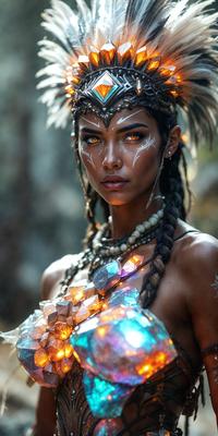 The primary subject of the image is a woman with a unique and intricate hairstyle, featuring feathers and possibly a bird design. She is wearing a necklace and has a distinctive look. The setting is a forest, with trees visible in the background. The visual style appears to be a combination of a photo and digital art, creating a striking and eye-catching image. The colors and mood of the image are vibrant and lively, with the woman's hairstyle and the forest's natural elements creating a captivating and memorable scene.